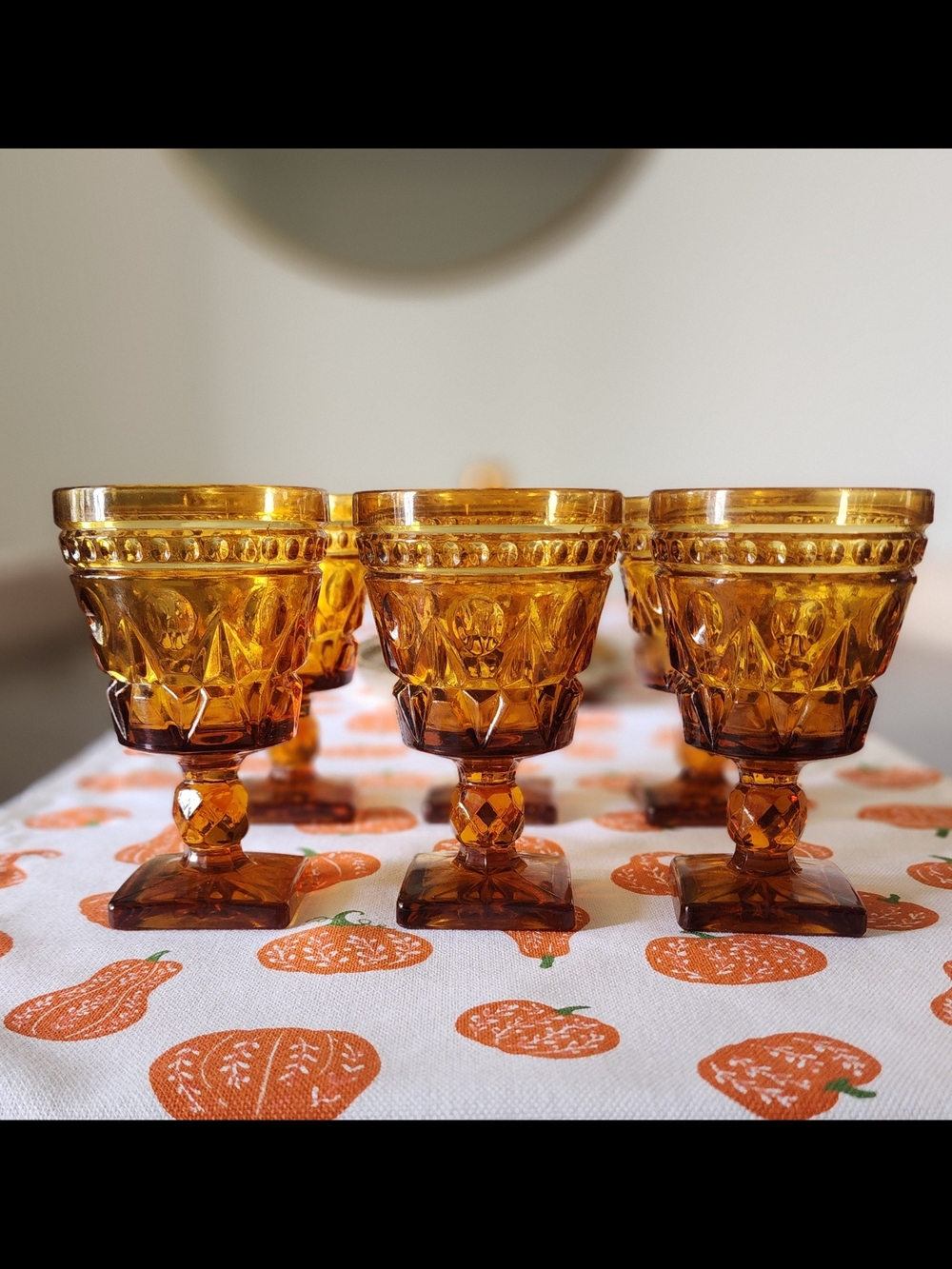 Vintage Amber Pressed Glass Goblets - Set of 6